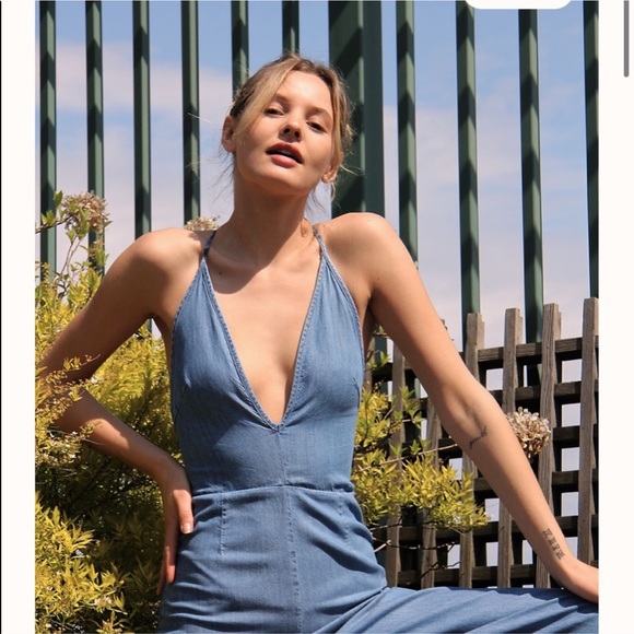 Free People Retro Wide Leg Denim Halter Jumpsuit - Picture 2 of 12